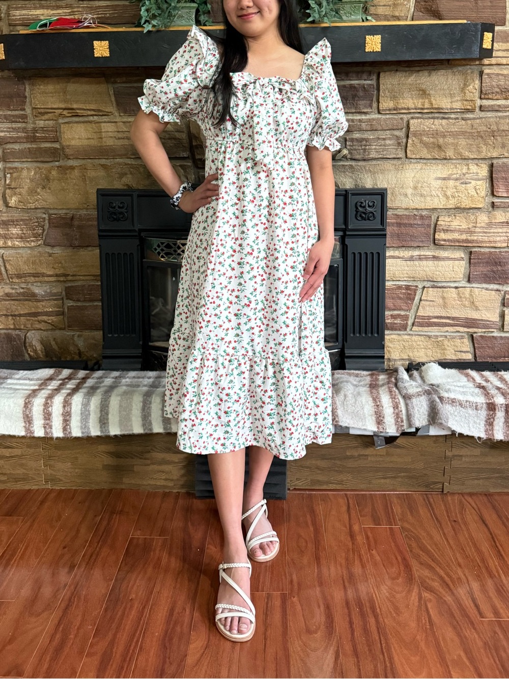 Floral Puff-Sleeve Midi Dress in White with Red & Green Print
